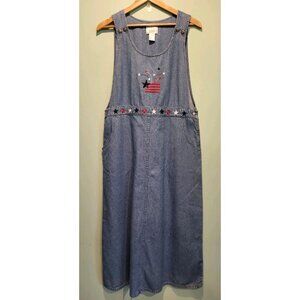 Vtg Blue Denim Americana Sleeveless Maxi Dress Sz L July4th Patriotic Mature